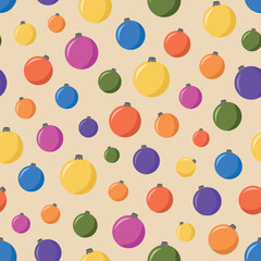 Seamless pattern with colorful round holiday balls flat style, vector illustration on light background. Decorative design for wrapping and packaging, decorative