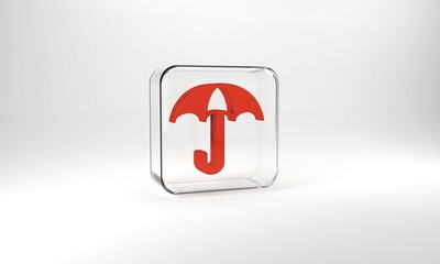 Red Umbrella icon isolated on grey background. Insurance concept. Waterproof icon. Protection, safety, security concept. Glass square button. 3d illustration 3D render