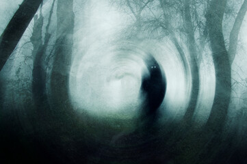 A spooky, scary figure with glowing eyes, standing in a forest on a foggy winters day. With a blurred nightmare edit. - obrazy, fototapety, plakaty