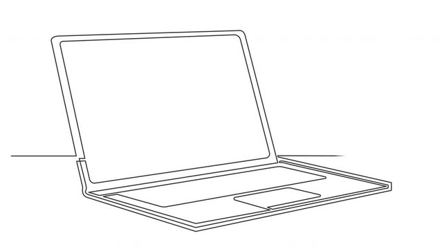 single line drawing of laptop computer isolated on white background, continuous line animation