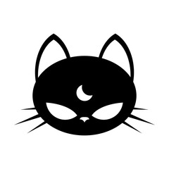 Magical black cat. Cartoon face character. Cat head sticker. Vector illustration isolated on white background.