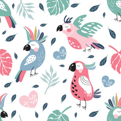 Seamless pattern with pink and blue parrots. Cute baby style. Children's print.