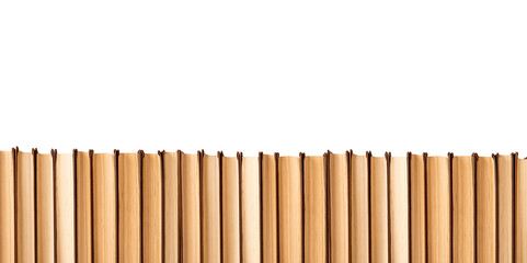 Banner with horizontal books border isolated on white background. Education, getting knowledge concept. Novels, encyclopedias, guides. Space for text. High quality photo