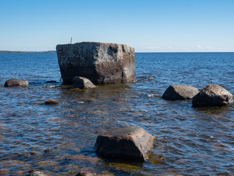Monument of nature on the bank of Varashev stone on the shore of Lake Ladoga in the Pitkyaranta region of the Republic of Karelia, northwest Russia