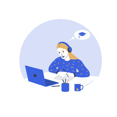 A girl student character with earphones and laptop in blue sweater in vector