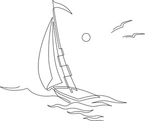 Yachts on sea waves. Seagull in the sunny sky. Continuous line drawing. Vector illustration. Isolated on white background © iuliiawhite