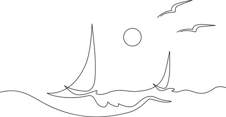 Yachts on sea waves. Seagull in the sunny sky. Continuous line drawing. Vector illustration. Isolated on white background