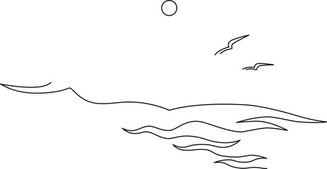 Seascape with waves, seagulls and sun. Continuous line drawing. Linear vector illustration, isolated on white background - 525547199