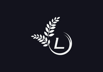 Green leaf and laurel wreath logo design vector with the letter and alphabet L