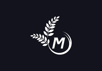Green leaf and laurel wreath logo design vector with the letter and alphabet M