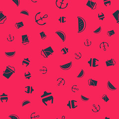 Set Swimsuit, Anchor, Sand in bucket and Watermelon on seamless pattern. Vector