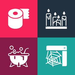 Set pop art Spider web, Halloween witch cauldron, Burning candle and Toilet paper roll icon. Vector