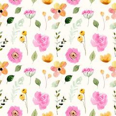 yellow pink cute floral watercolor seamless pattern