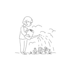 Doodle hand drawn illustration. The girl watering the flowers. Sketch collection. © Iryna