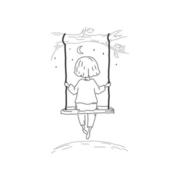 Doodle hand drawn illustration. Girl swinging on a swing. Sketch collection.