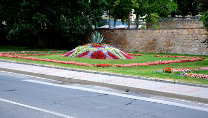 ornamental flower bed in front of the castle on the ground floor. Planting annuals has the shape of...