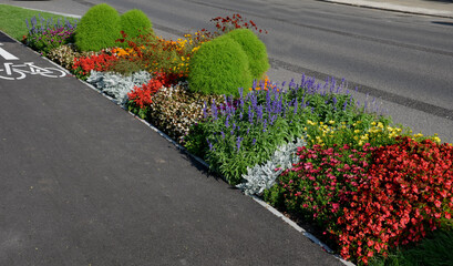 promenade for pedestrians and cyclists with a dividing island between the lanes and road, road...