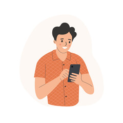 Young man looks into the smartphone. Vector flat style  illustration