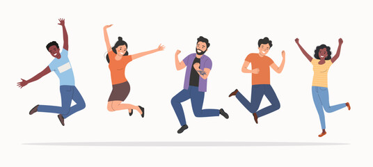 Different young women and men jumped up. People stand full body. Flat style cartoon vector illustration.