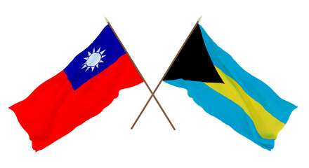 Background, 3D render for designers, illustrators. National Independence Day. Flags Taiwan and Bahamas