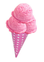 strawberry ice cream scoop with cone isolated on white background.