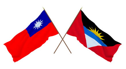 Background, 3D render for designers, illustrators. National Independence Day. Flags Taiwan and Barbuda