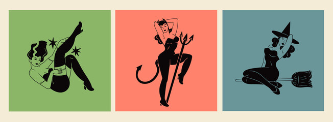 Beautiful young green monster girl, devil with pitchfork, witch on broom. Cute ladies. Pin-up, retro style. Halloween costume concept. Hand drawn modern Vector illustration. Poster, sticker templates