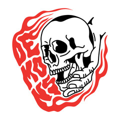 demons.vector illustration.image of skull in hand and font.linear style.picture isolated on white background.modern typography design perfect for tattoo,t shirt,poster,banner,sticker,web,etc