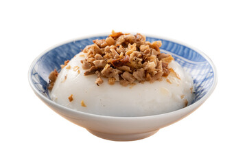 Taiwanese savory rice pudding Wa gui with chopped dried radish and soy sauce isolated on white background.