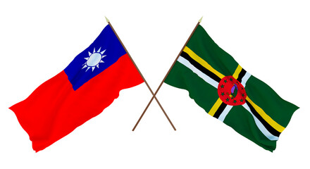 Background, 3D render for designers, illustrators. National Independence Day. Flags Taiwan and Dominica