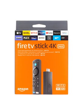 ROME, ITALY - AUGUST 24, 2022. Amazon Fire TV stick 4K Max box isolated on white background. Amazon is an American multinational technology company.