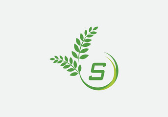 Green leaf and laurel wreath logo design vector with the letter and alphabet S