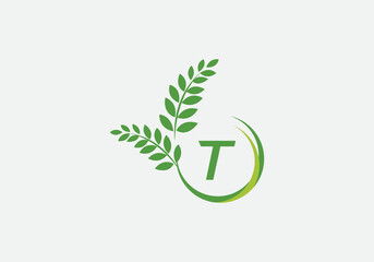 Green leaf and laurel wreath logo design vector with the letter and alphabet T