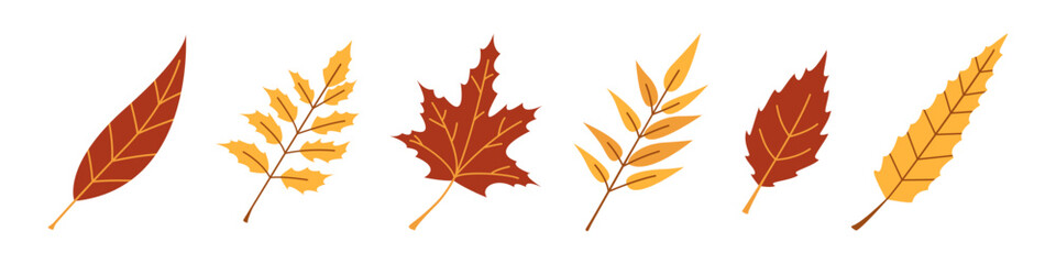 Vector autumn set with red and yellow leaves. Fall collection. October trees.
