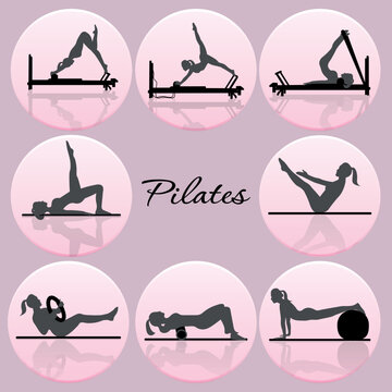 silhouettes of a woman doing pilates, icons, icons, vector
