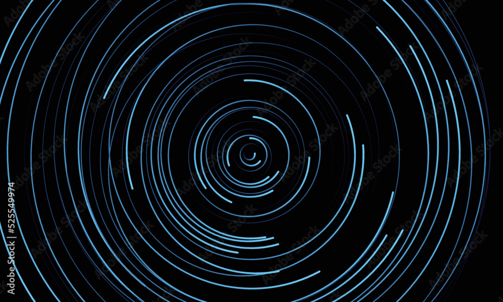 Poster blue chaotic circles with rotation on black background.