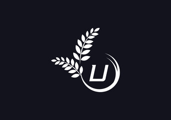 Green leaf and laurel wreath logo design vector with the letter and alphabet U