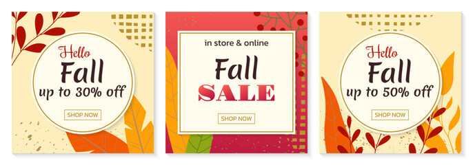 Fall sale background set. Autumn season social media discount post or banner design with foliage border. Promotion posters with leaves frame. Thanksgiving, fashion advertising template. Vector.