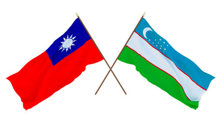 Background, 3D render for designers, illustrators. National Independence Day. Flags Taiwan and Uzbekistan