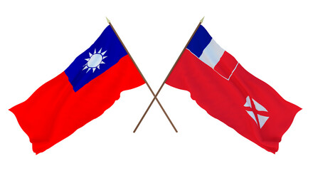 Background, 3D render for designers, illustrators. National Independence Day. Flags Taiwan and Wallis and Futuna