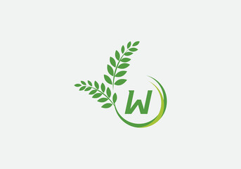 Green leaf and laurel wreath logo design vector with the letter and alphabet W