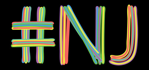 NJ Hashtag. Multicolored bright isolate curves doodle letters like from marker, oil paint. #NJ is abbreviation for the USA state New Jersey for social network, web resources, mobile apps.