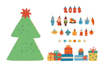 Fototapeta na wymiar Cute decorating Christmas tree set, vector constructor. The Christmas tree, Retro baubles, 2023 balls, lights, gifts.