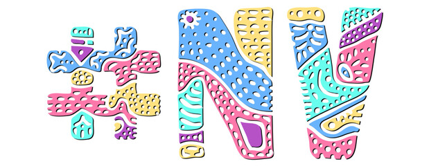 NV Hashtag. Multicolored bright isolate curves doodle letters. Hashtag #NV is abbreviation for the US American state Nevada for social network, web resources, mobile apps.