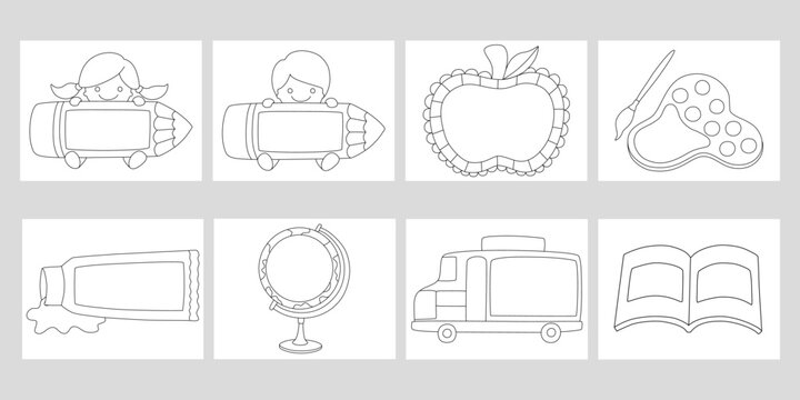 Set vector illustration, frame and coloring, black lines for coloring, art for kids, kids activities, worksheet decoration, elements for teacher and more.