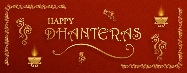 Happy Dhanteras festival card with oriental elements and Diya lamp for the Indian religious festival of lights