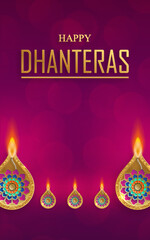 Happy Dhanteras festival card with oriental elements and Diya lamp for the Indian religious festival of lights
