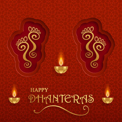 Happy Dhanteras festival card with oriental elements and Diya lamp for the Indian religious festival of lights