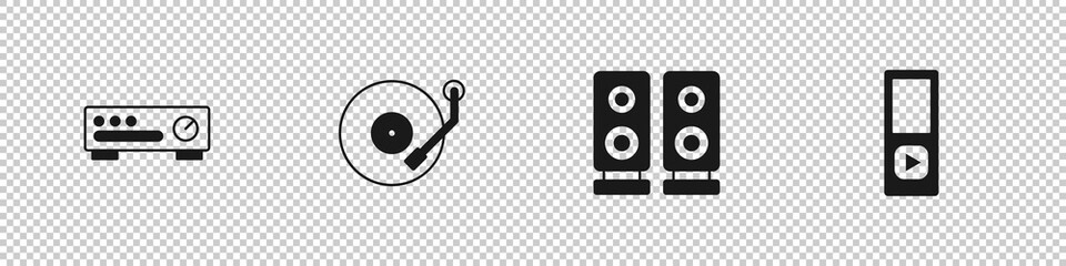 Set Sound mixer controller, Vinyl player, Stereo speaker and Music icon. Vector