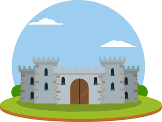 Castle with towers and walls. Defense construction. Medieval European architecture. Home of knight and king. Protection and security. Flat Icon for app and game